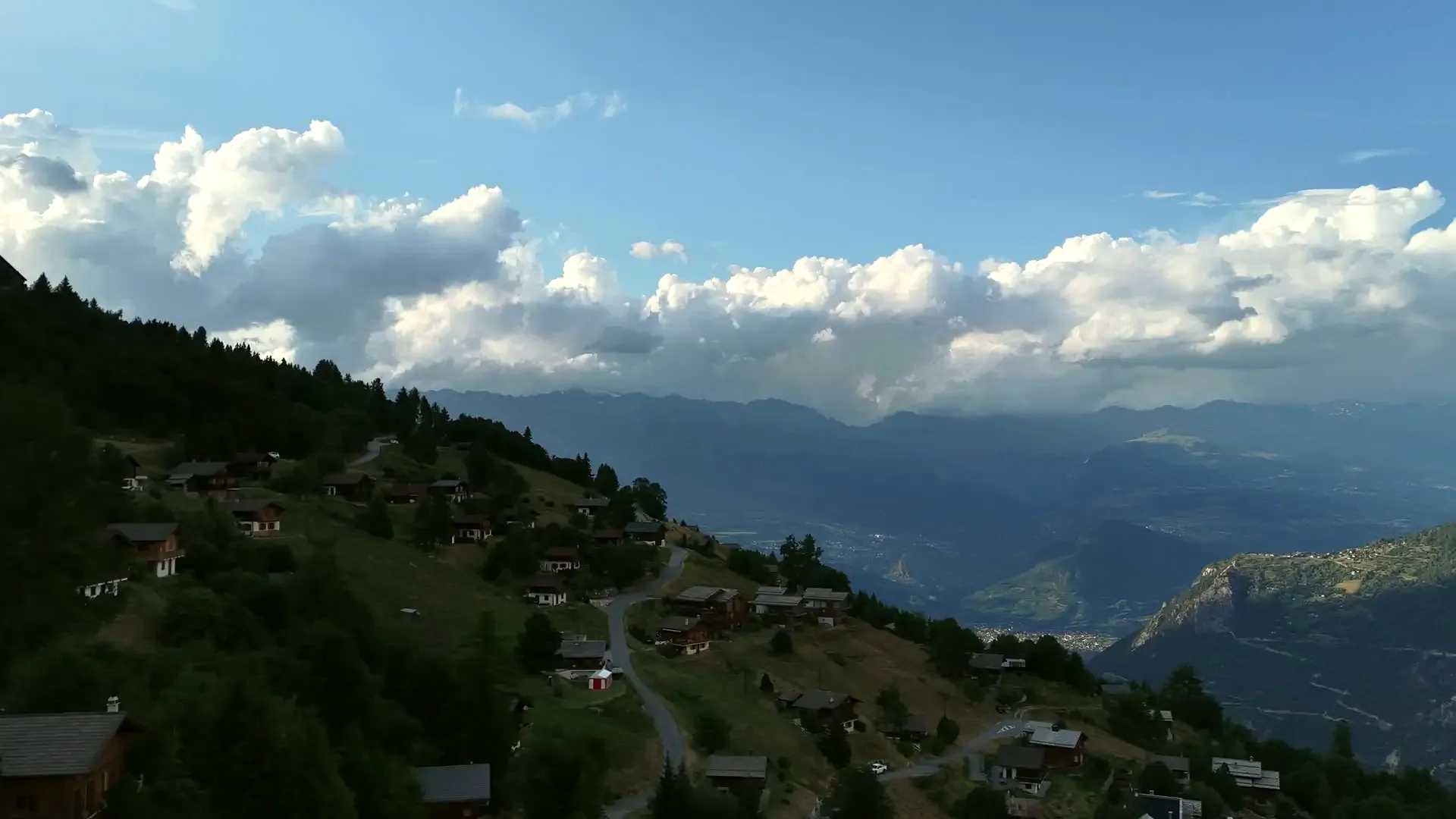 The chalet from the air on a July evening